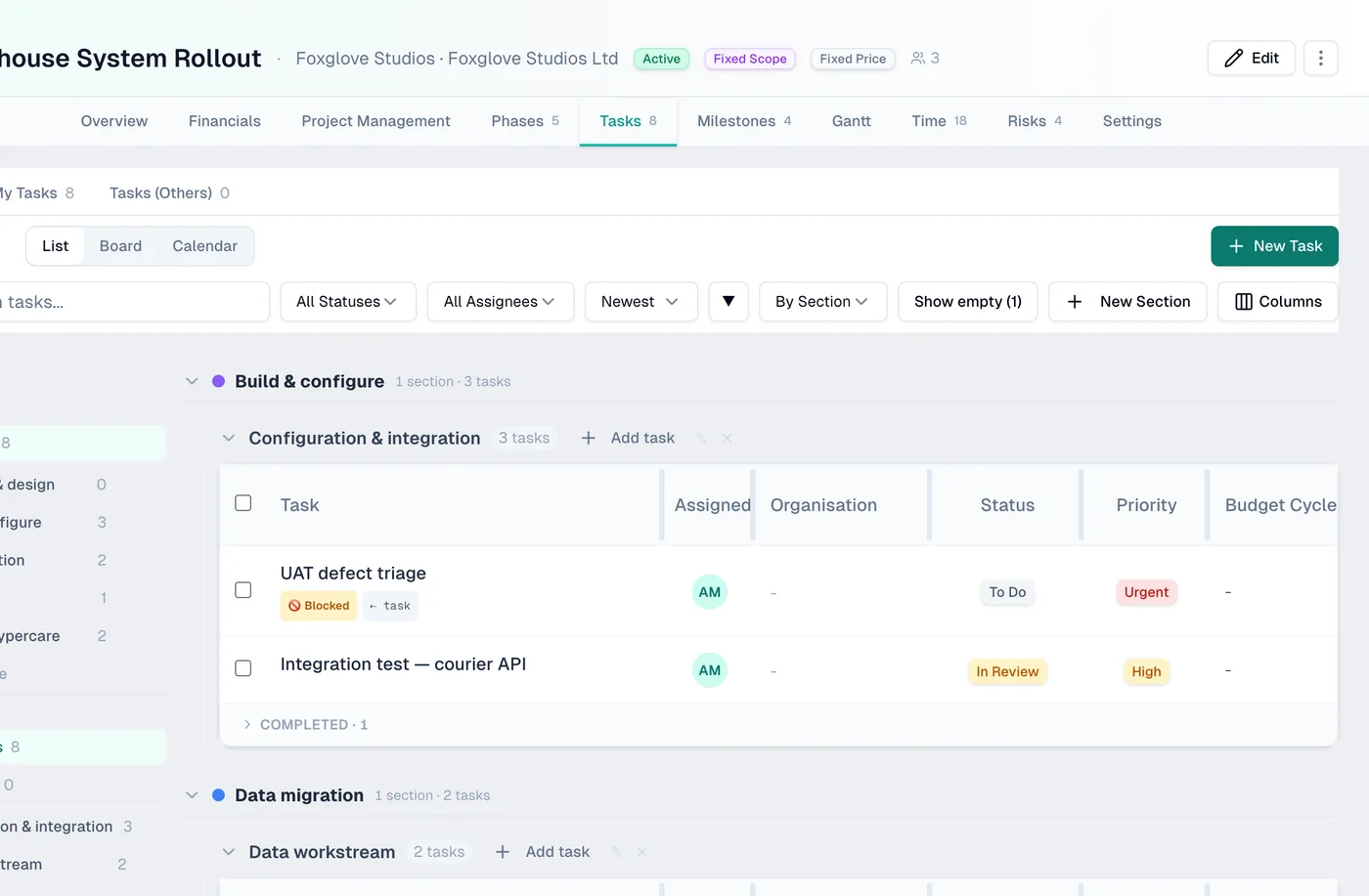 Ambital tasks — phased task list with priorities, blockers and sections